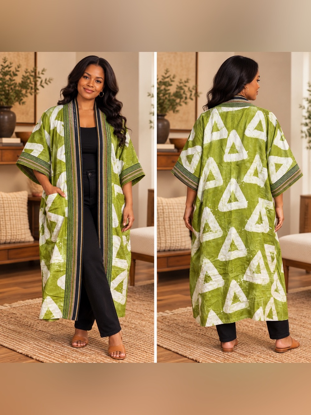 Ghanaian Batik Kimono Jacket Green White Woven Trim Size M